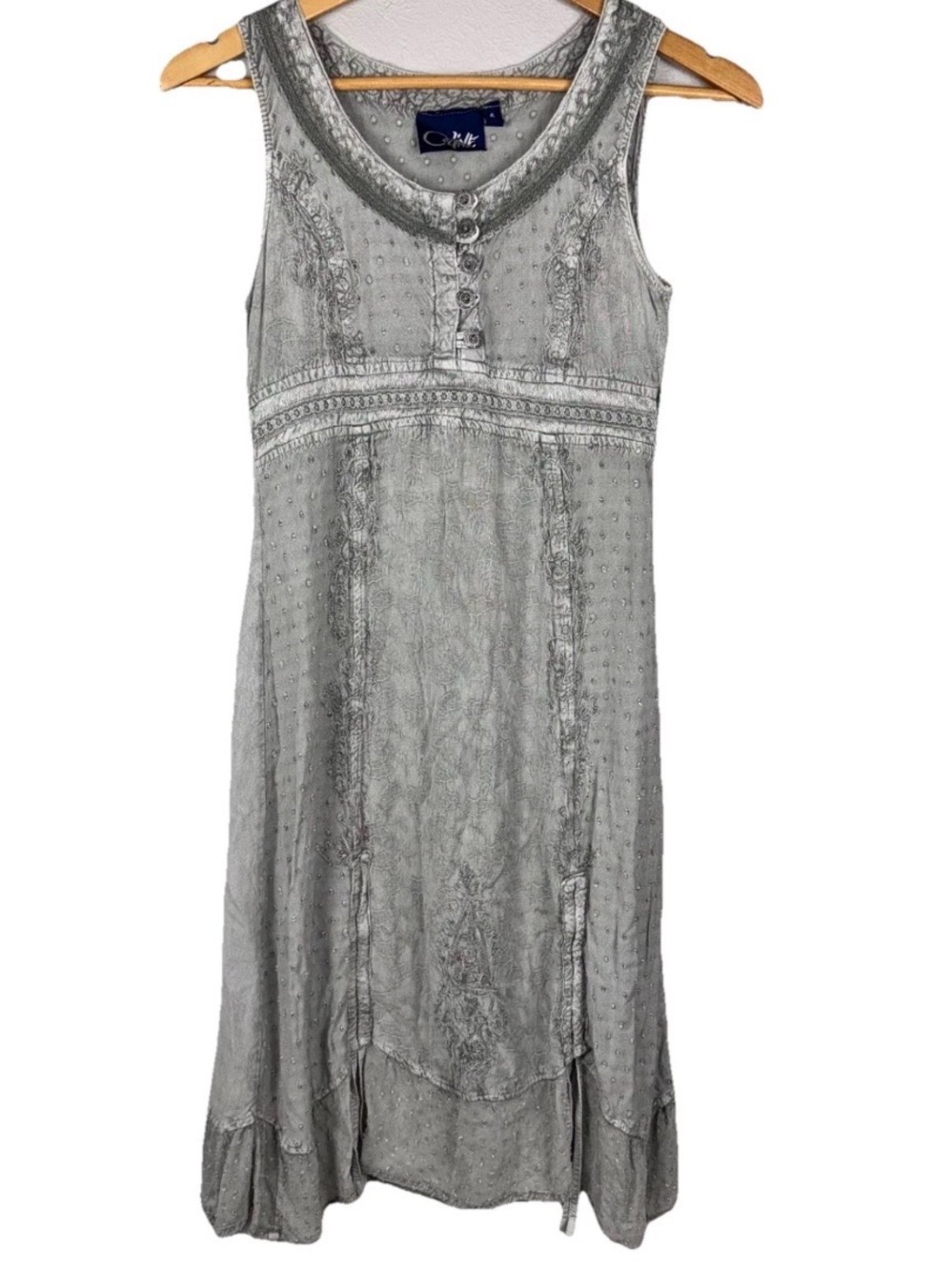 Coline Embroidered Midi Dress Adj. Hem Boho Festival Cottagecore Small Gray